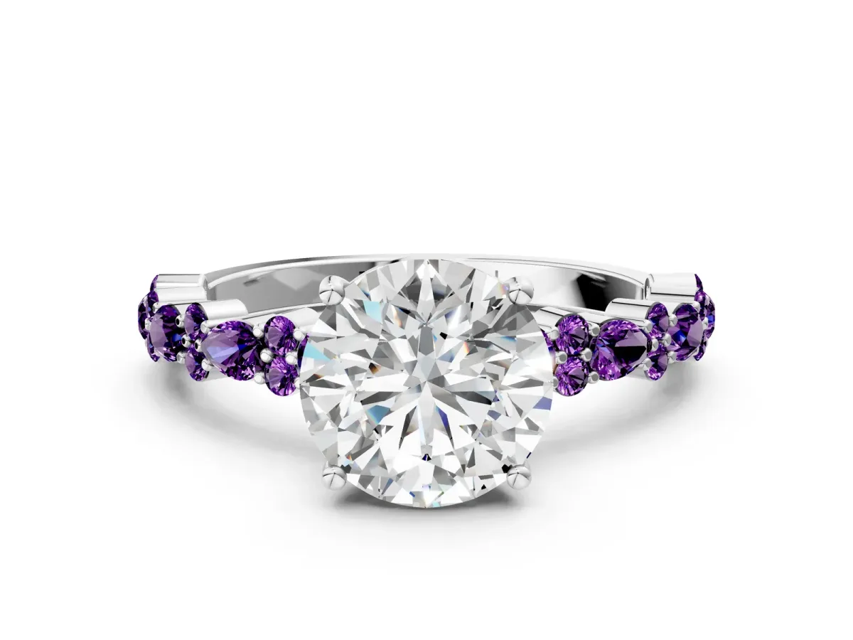Round Cut Diamond Side Stone Solitaire Ring with Round Amethyst and Four-Prong Setting Silver