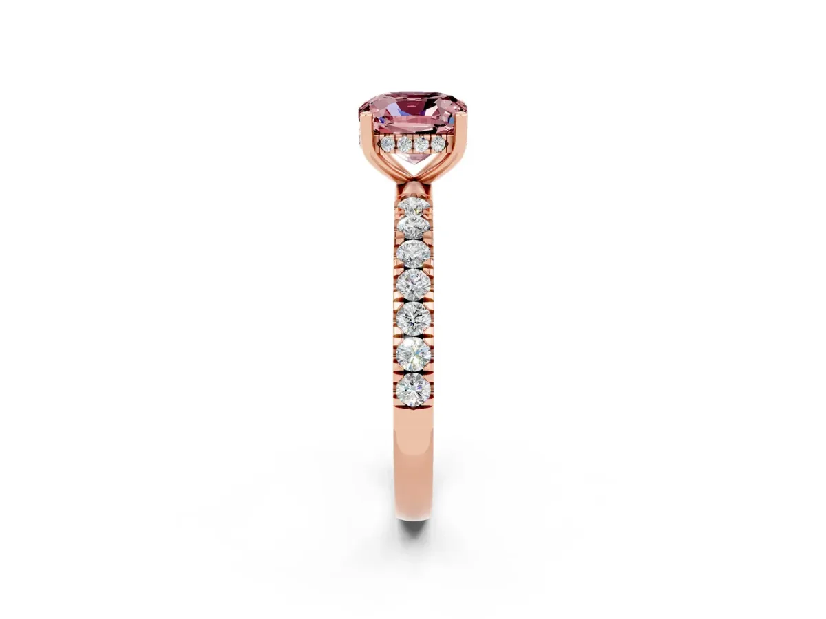 Cushion Cut Morganite Pave Band Solitaire Ring with Round and Prong Setting Rose gold