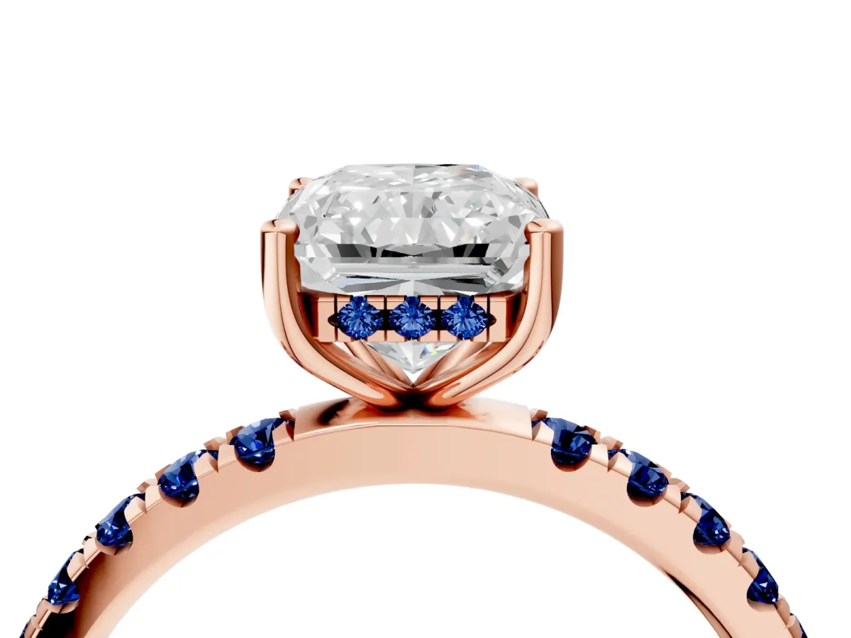 Radiant Cut Diamond Pave Band Solitaire Ring with Round Blue Sapphire and Prong Setting Rose gold