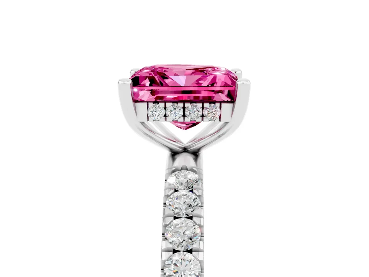 Princess Cut Pink Sapphire Pave Band Solitaire Ring with Round and Prong Setting Platinum