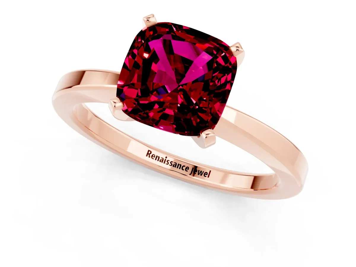 Cushion Cut Garnet Solitaire Engagement Ring with Classic Band and Four-Prong Setting Rose gold