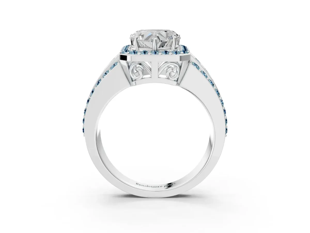 Heart Cut Halo Diamond Ring with Round Aquamarine Split Shank and Prong Setting Silver