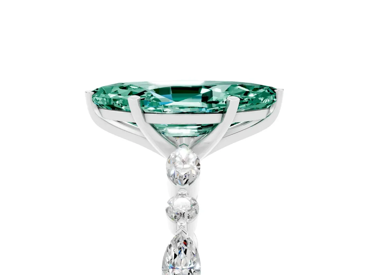 Marquise Cut Green Sapphire Ring with Marquise and Round Side Stones and Four-Prong Setting Platinum