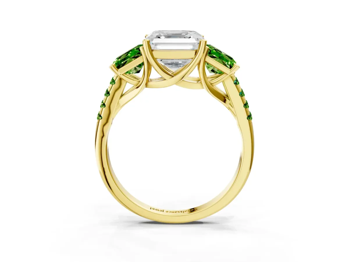 Three-Stone Asscher Cut Diamond Ring with Round Peridot Pavé Band and Prong Setting Yellow gold