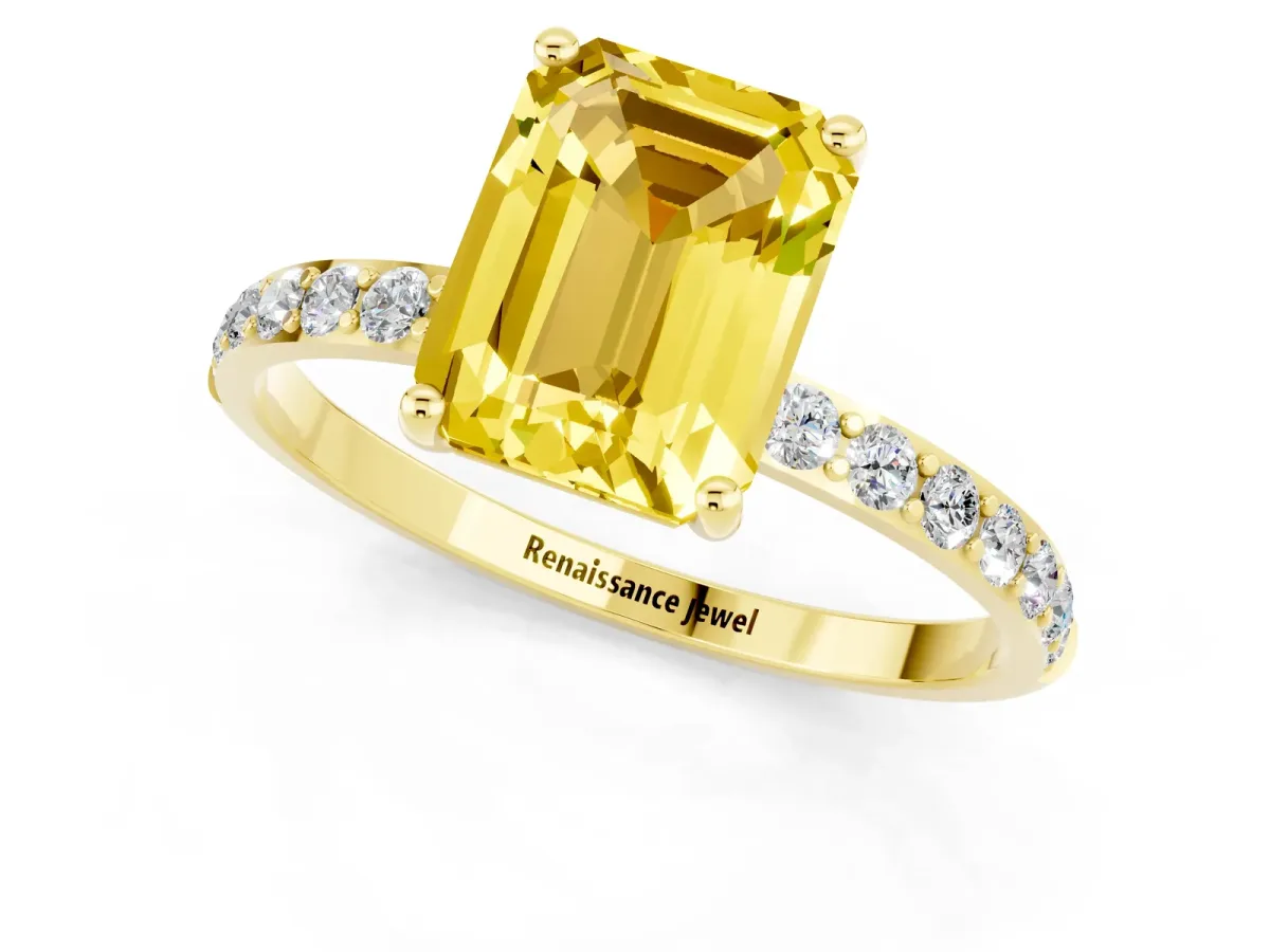 Emerald Cut Yellow Sapphire Solitaire Ring with Round Pavé Band and Prong Setting Yellow gold