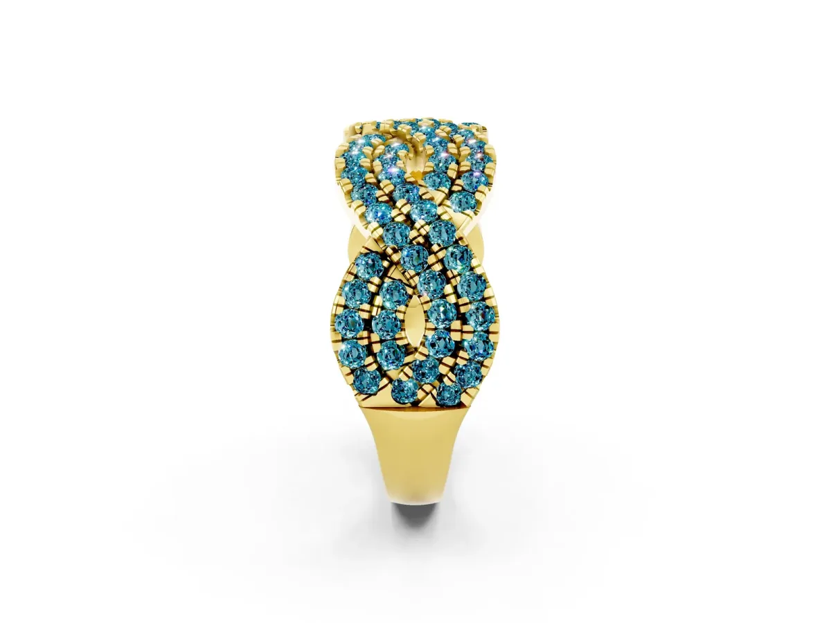 Pavé Round Blue Topaz Infinity Twist Band with Shared Prong Setting Yellow gold