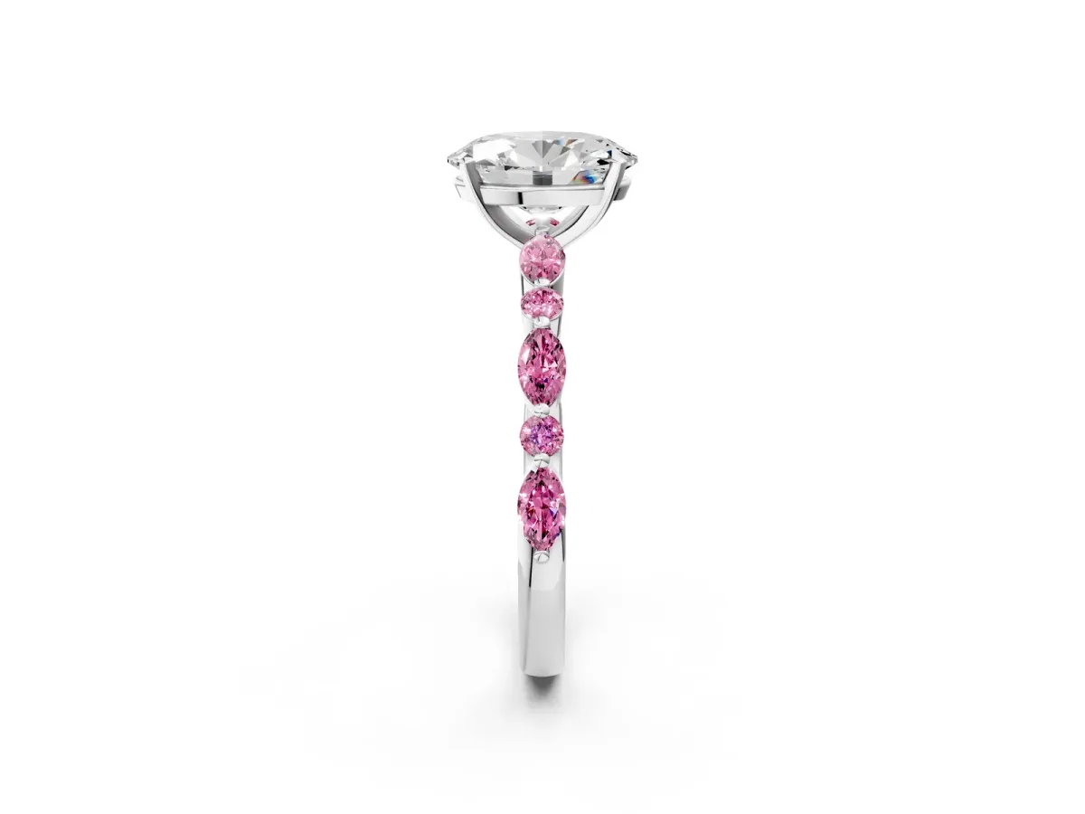 Oval Cut Diamond Ring with Marquise and Round Pink Sapphire Side Stones and Four-Prong Setting Silver
