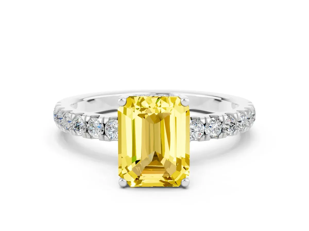 Emerald Cut Yellow Sapphire Pave Band Solitaire Ring with Round and Prong Setting Platinum