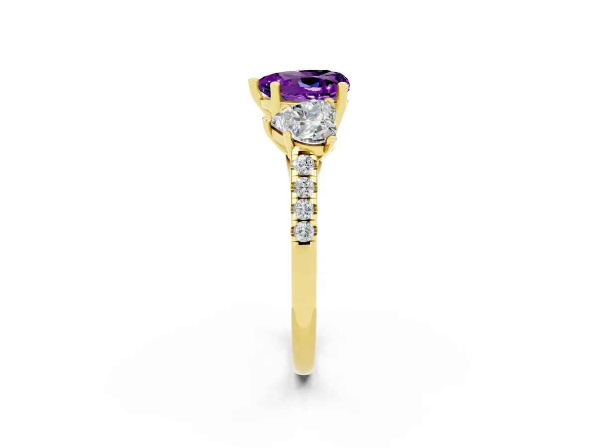 Three-Stone Heart Cut Amethyst Ring with Round Pavé Band and Prong Setting Yellow gold