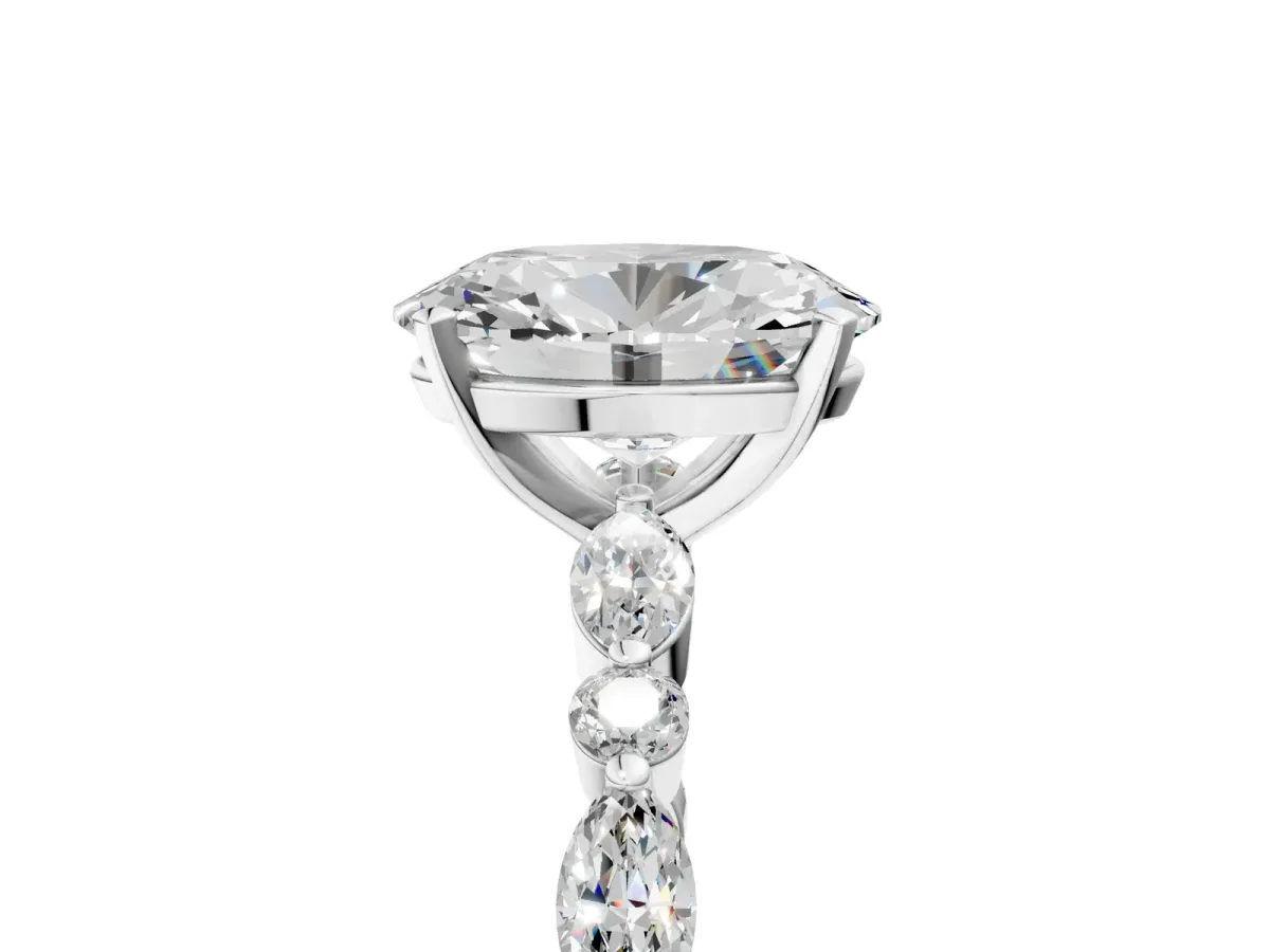 Oval Cut Diamond Ring with Marquise and Round Side Stones and Four-Prong Setting Silver