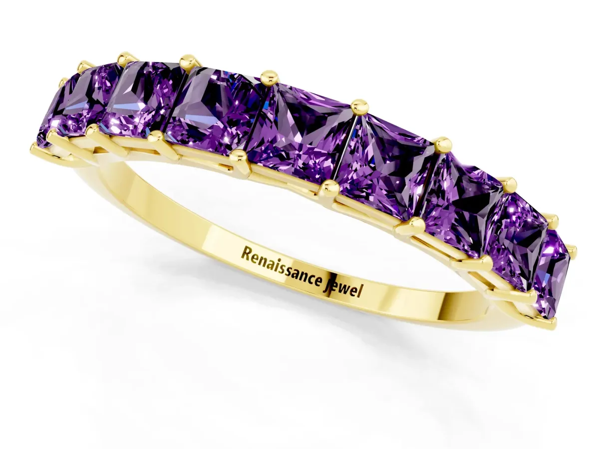 Princess Cut Amethyst Channel-Set Eternity Band with Prong Setting Yellow gold
