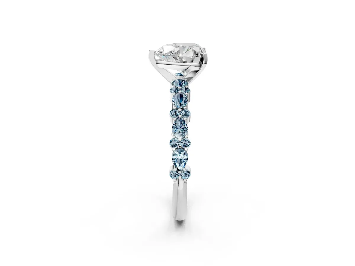 Heart Cut Diamond Side Stone Solitaire Ring with Round Aquamarine and Four-Prong Setting Platinum