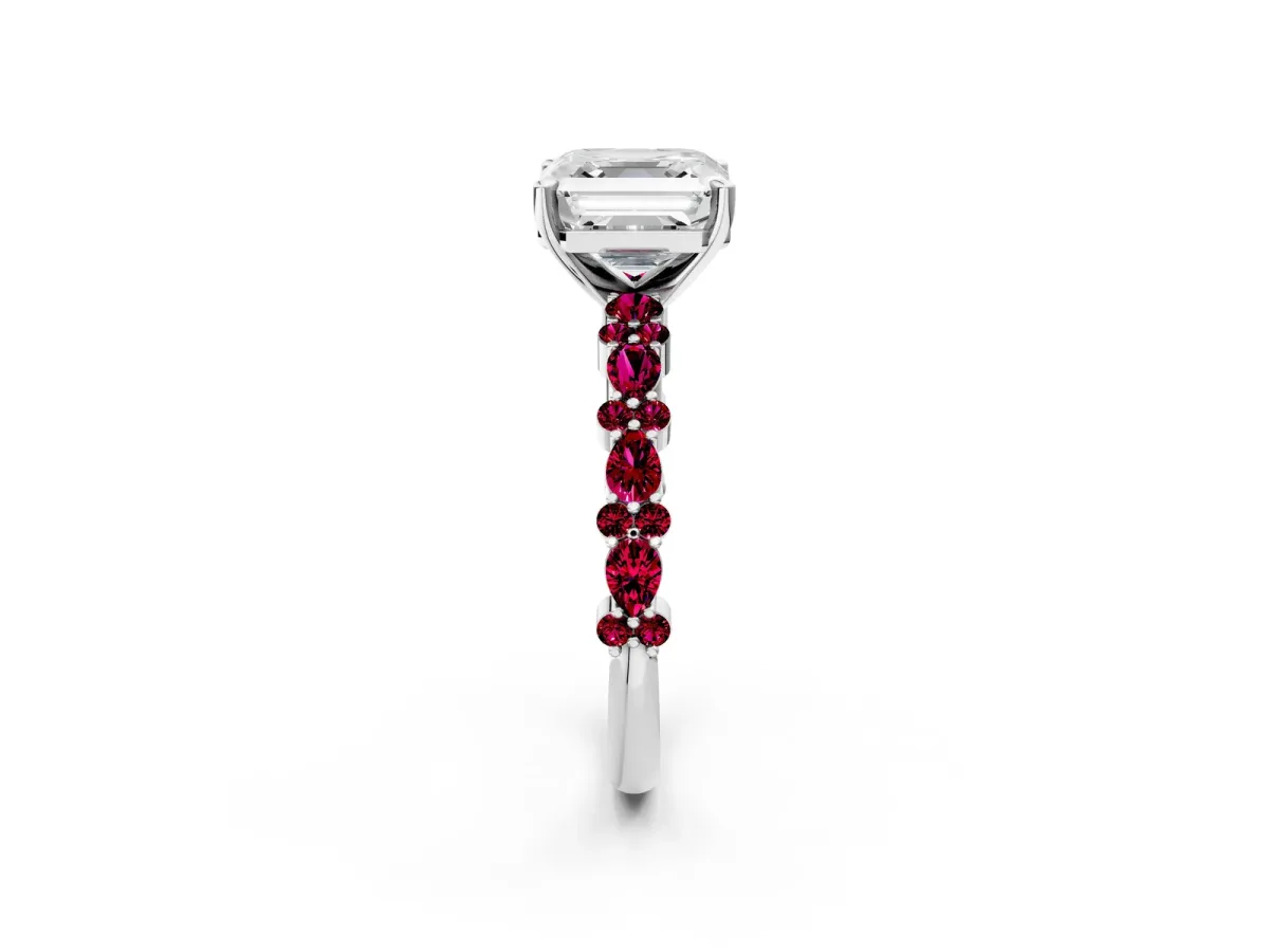 Asscher Cut Diamond Side Stone Solitaire Ring with Round Garnet and Four-Prong Setting Silver