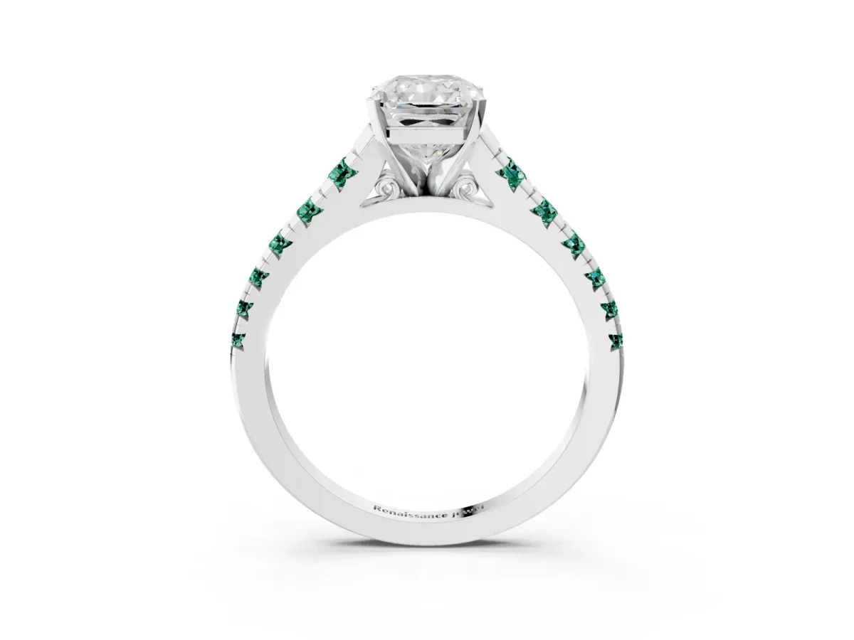 Radiant Cut Diamond Cathedral Solitaire Ring with Round Green Sapphire Pavé Band Silver