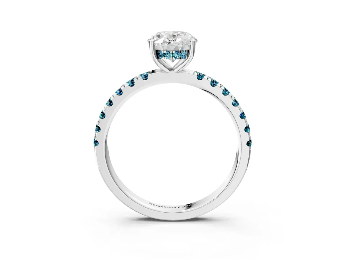 Oval Cut Diamond Pave Band Solitaire Ring with Round Blue Topaz and Prong Setting Platinum