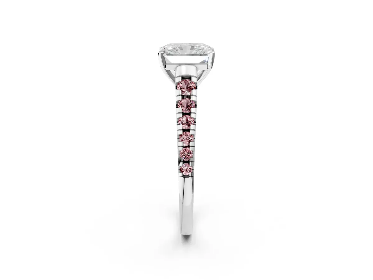 Radiant Cut Diamond Cathedral Solitaire Ring with Round Morganite Pavé Band Silver
