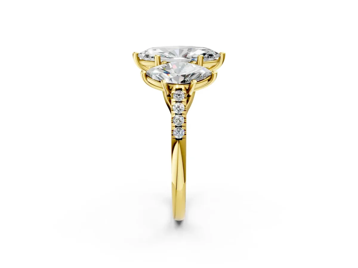 Three-Stone Marquise Cut Diamond Ring with Round Pavé Band and Prong Setting Yellow gold