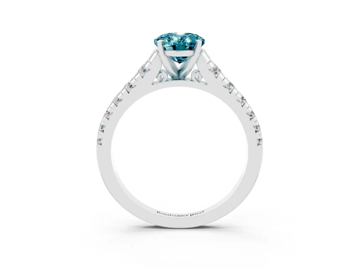 Oval Cut Blue Topaz Cathedral Solitaire Ring with Round Pavé Band White gold