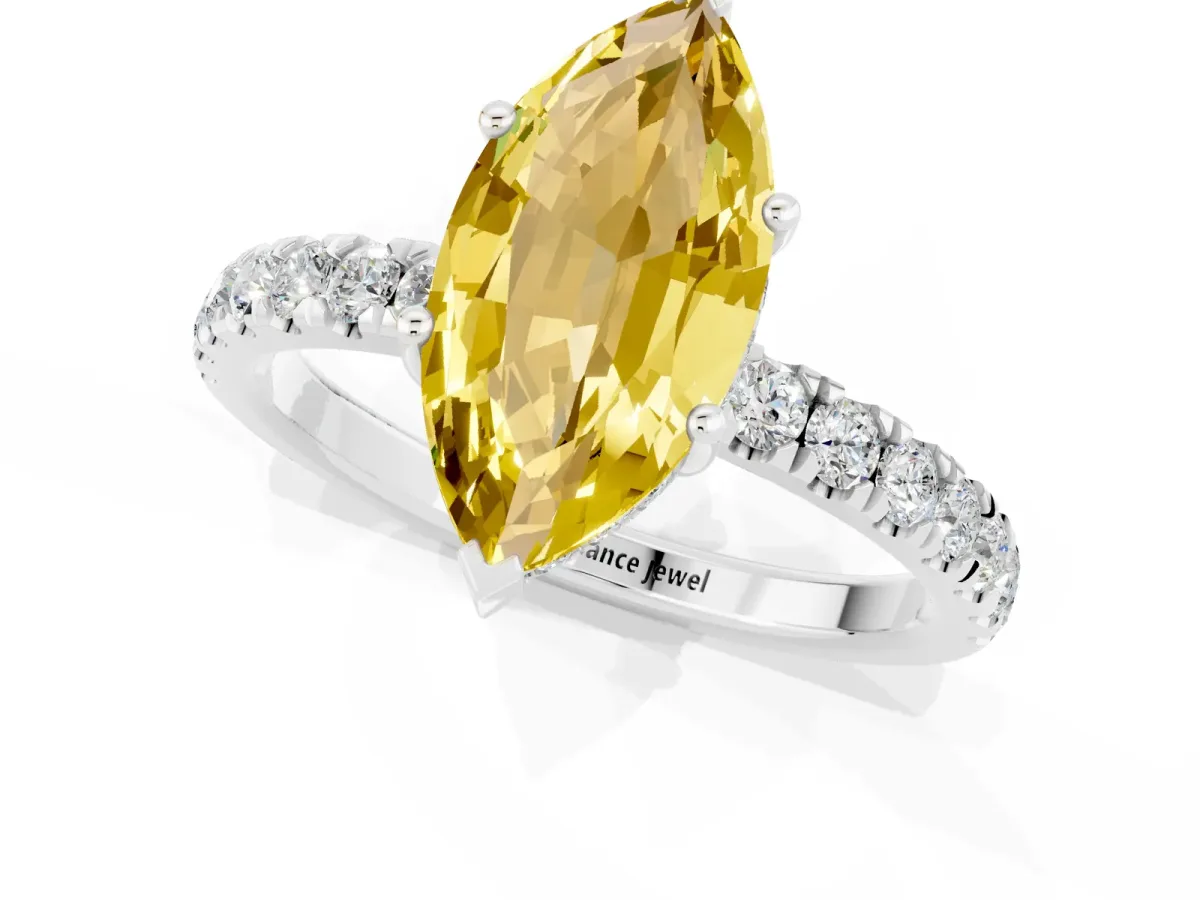 Marquise Cut Yellow Sapphire Pave Band Solitaire Ring with Round and Prong Setting Platinum