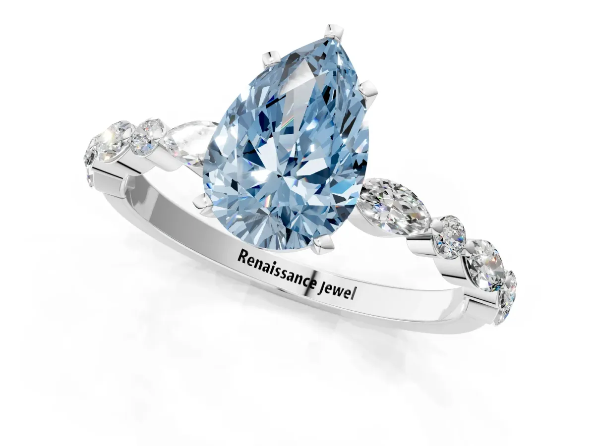 Fancy Blue Pear Cut Diamond Ring with Marquise and Round Side Stones and Four-Prong Setting Platinum