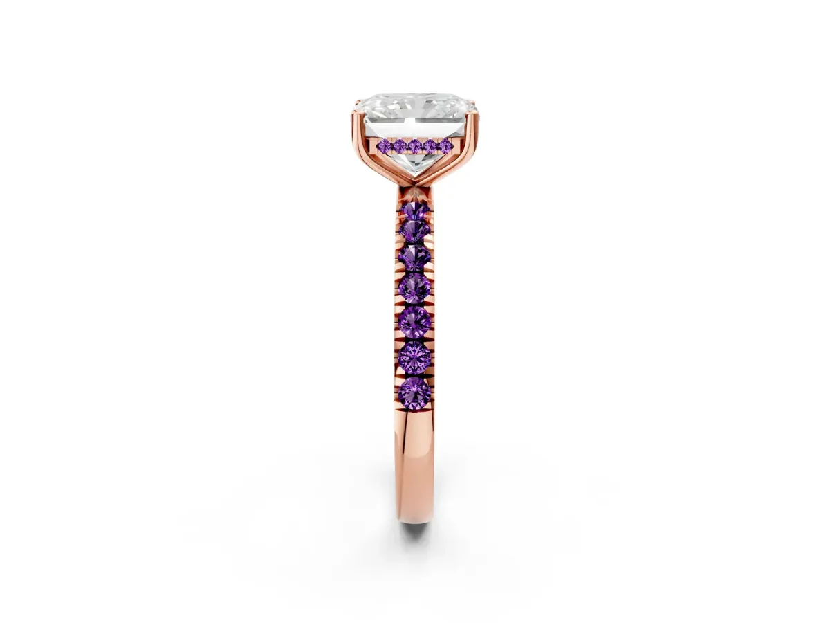 Radiant Cut Diamond Pave Band Solitaire Ring with Round Amethyst and Prong Setting Rose gold