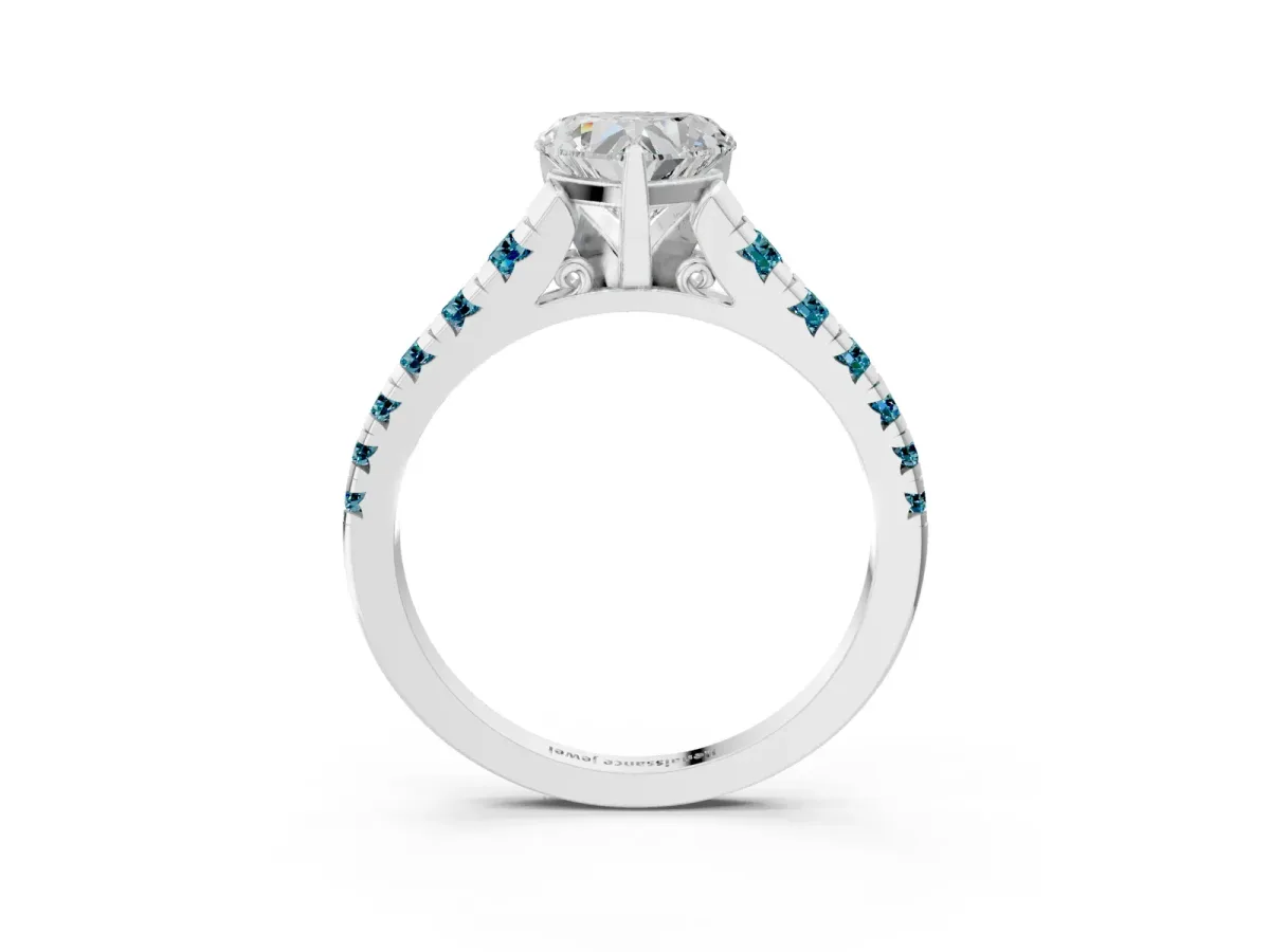 Heart Cut Diamond Cathedral Solitaire Ring with Round Blue Topaz Pavé Band Silver