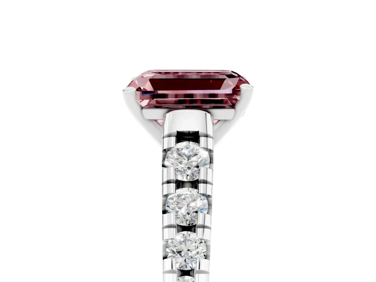 Emerald Cut Morganite Cathedral Solitaire Ring with Round Pavé Band Platinum