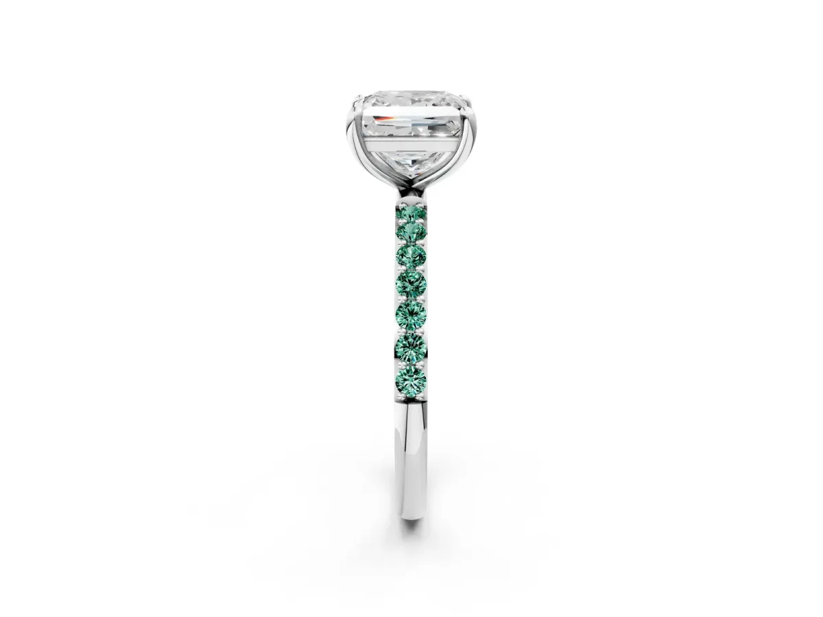 Princess Cut Diamond Solitaire Ring with Round Green Sapphire Pavé Band and Prong Setting Silver