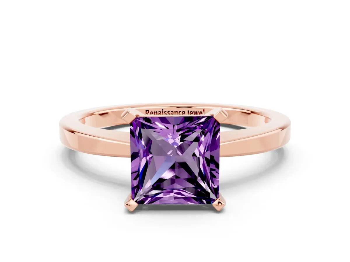 Princess Cut Amethyst Solitaire Engagement Ring with Classic Band and Four-Prong Setting Rose gold