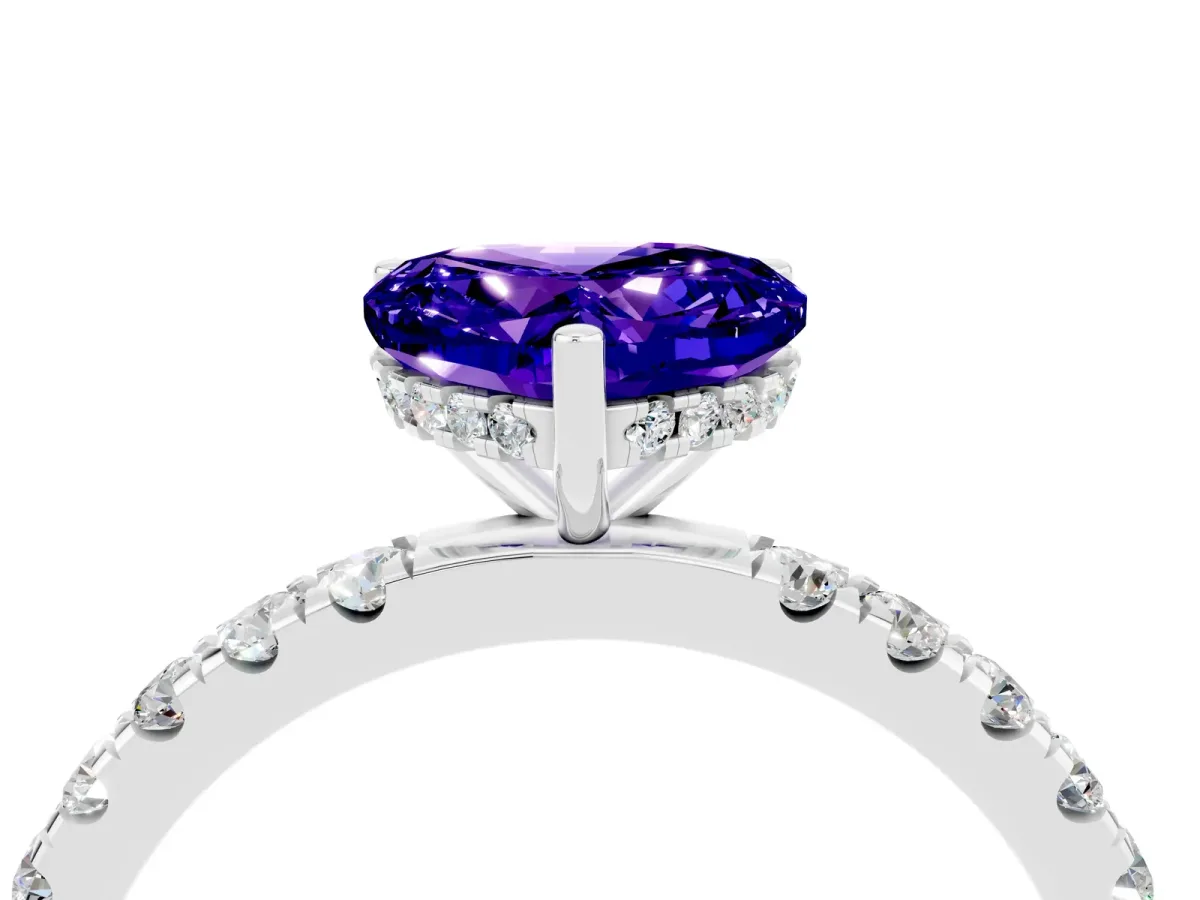 Heart Cut Tanzanite Pave Band Solitaire Ring with Round and Prong Setting Silver