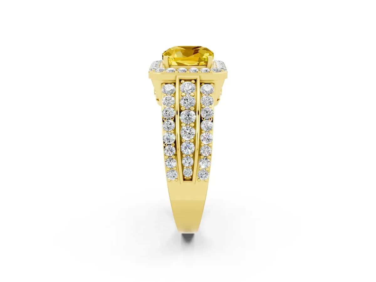 Cushion Cut Halo Yellow Sapphire Ring with Round Split Shank and Prong Setting Yellow gold