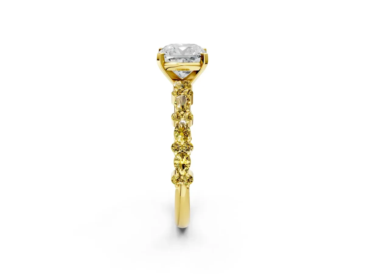 Cushion Cut Diamond Side Stone Solitaire Ring with Round Yellow Sapphire and Four-Prong Setting Yellow gold