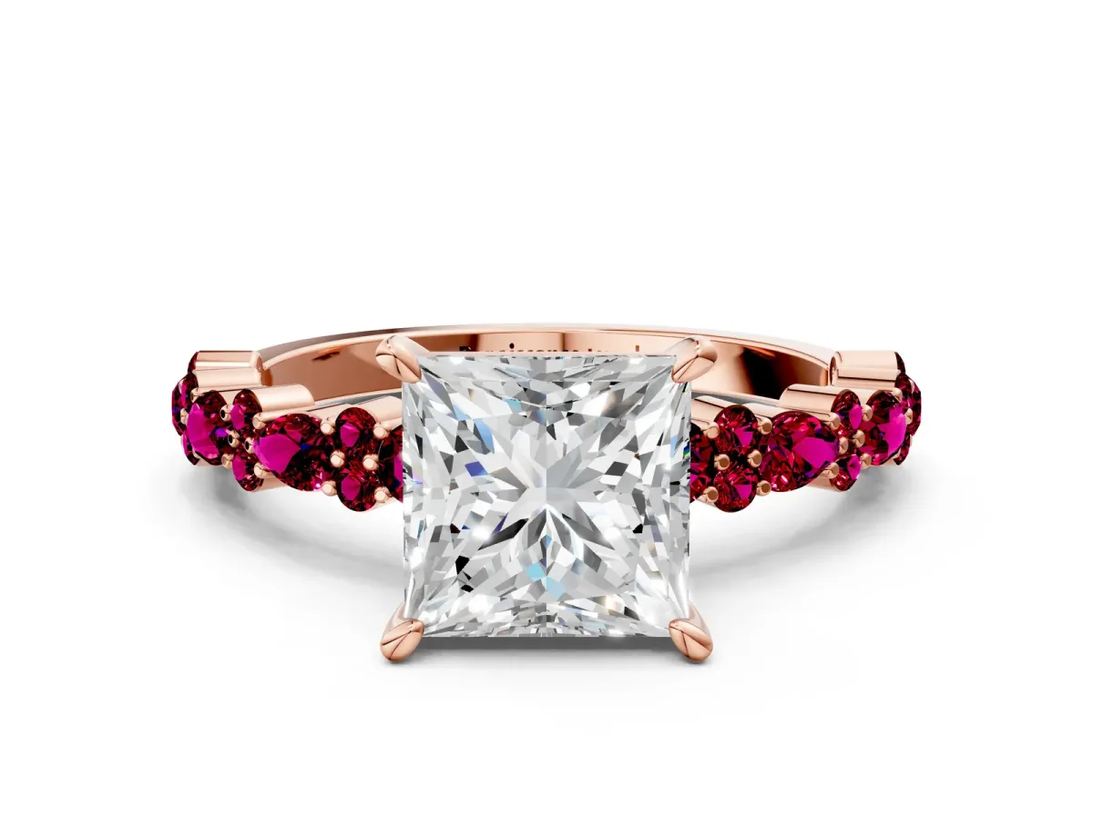Princess Cut Diamond Side Stone Solitaire Ring with Round Garnet and Four-Prong Setting Rose gold
