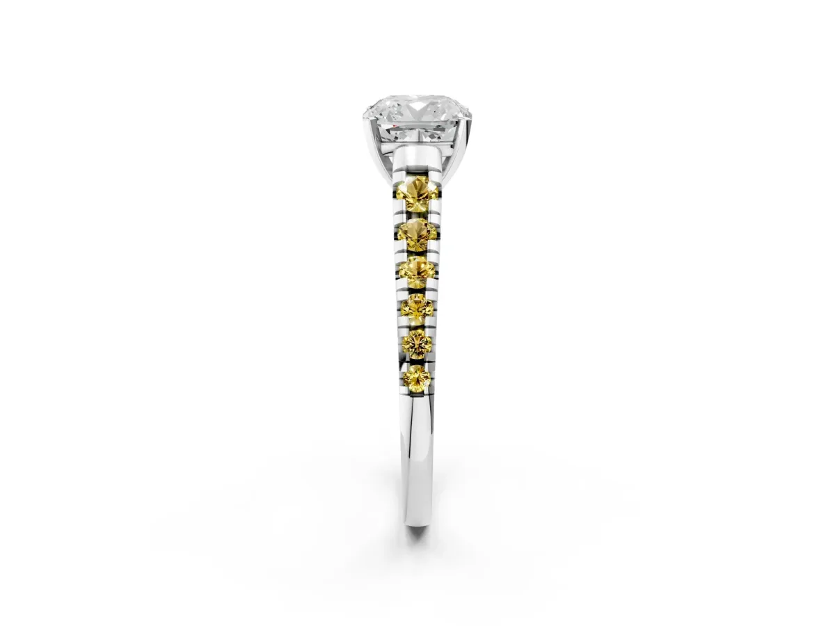 Cushion Cut Diamond Cathedral Solitaire Ring with Round Yellow Sapphire Pavé Band Silver