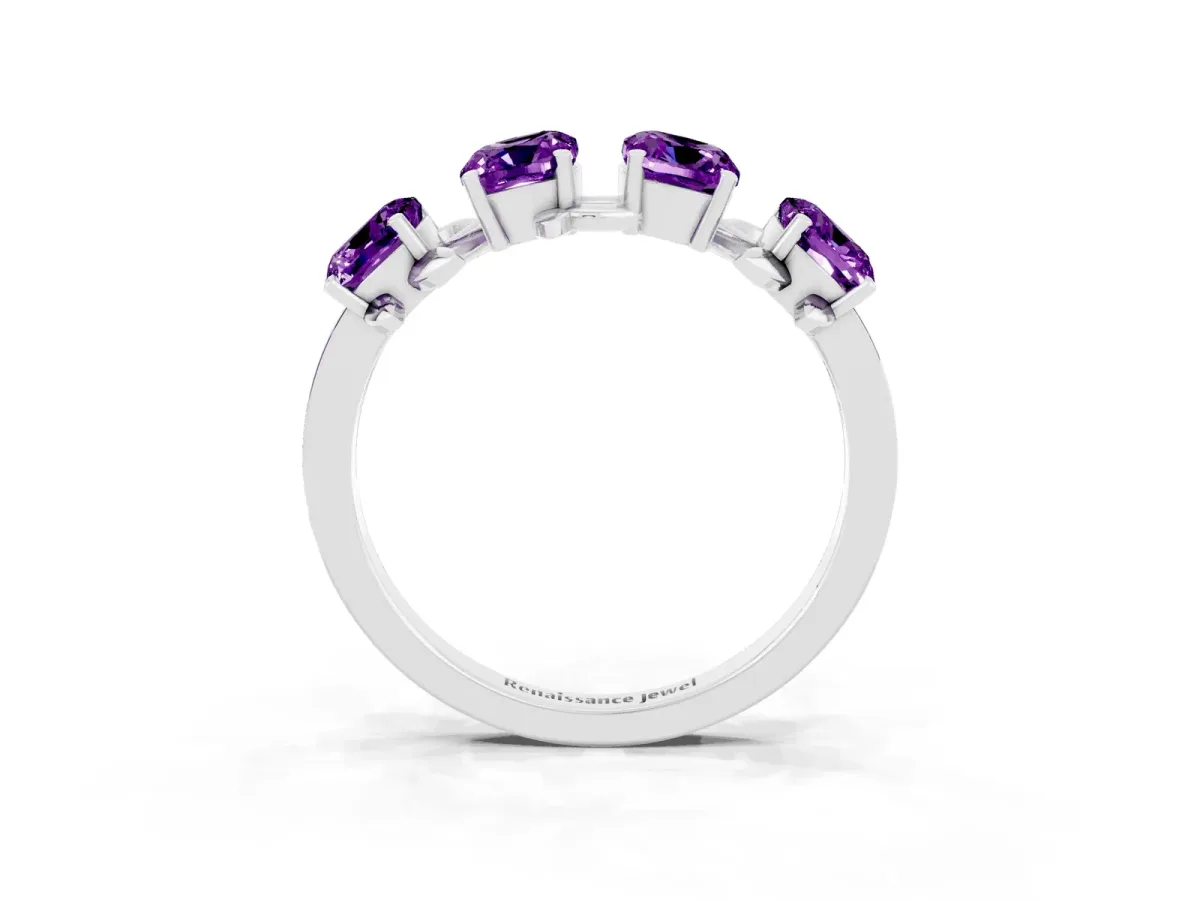 Four-Stone Elongated Cushion Amethyst Band with Nature-Inspired Prong Setting Platinum