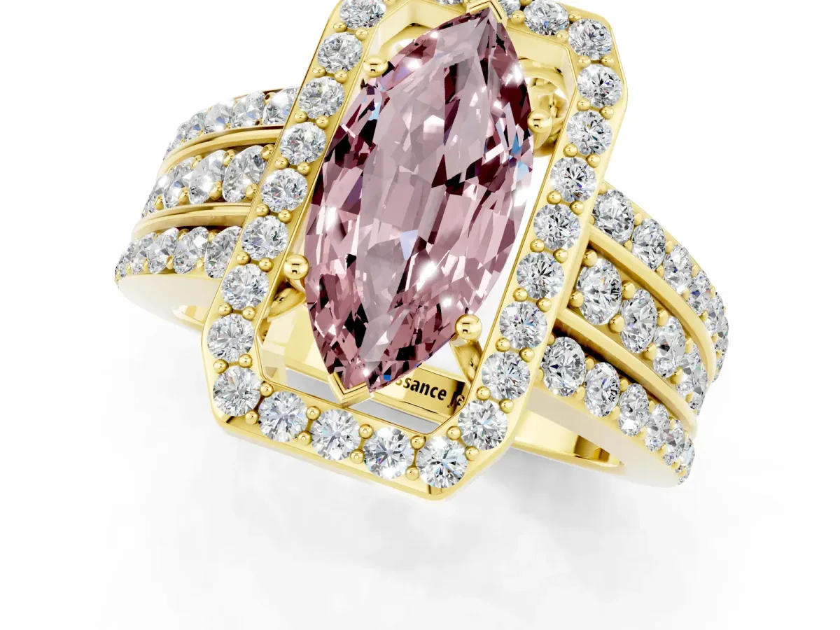 Marquise Cut Halo Morganite Ring with Round Split Shank and Prong Setting Yellow gold