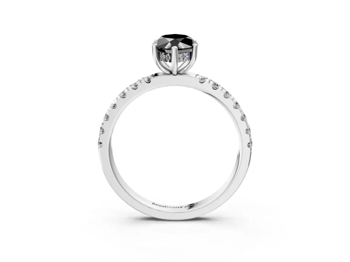 Fancy Black Marquise Cut Diamond Pave Band Solitaire Ring with Round and Prong Setting Silver