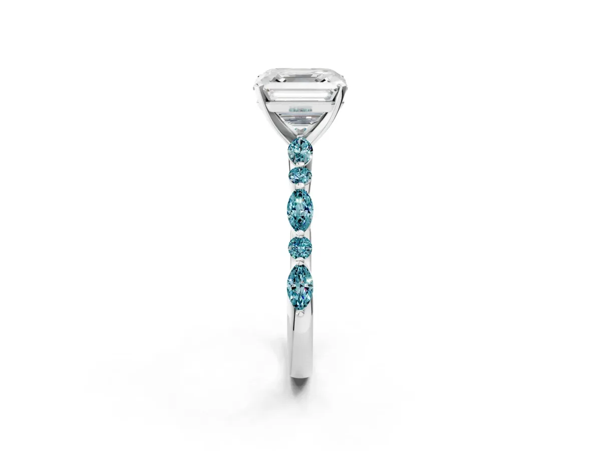 Asscher Cut Diamond Ring with Marquise and Round Blue Topaz Side Stones and Four-Prong Setting Silver