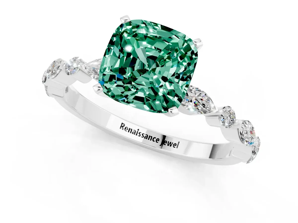 Cushion Cut Green Sapphire Ring with Marquise and Round Side Stones and Four-Prong Setting Silver