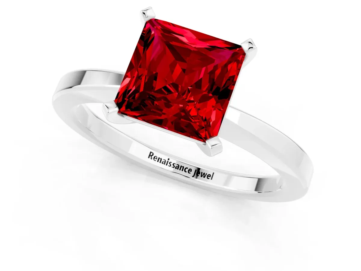 Princess Cut Ruby Solitaire Engagement Ring with Classic Band and Four-Prong Setting Silver