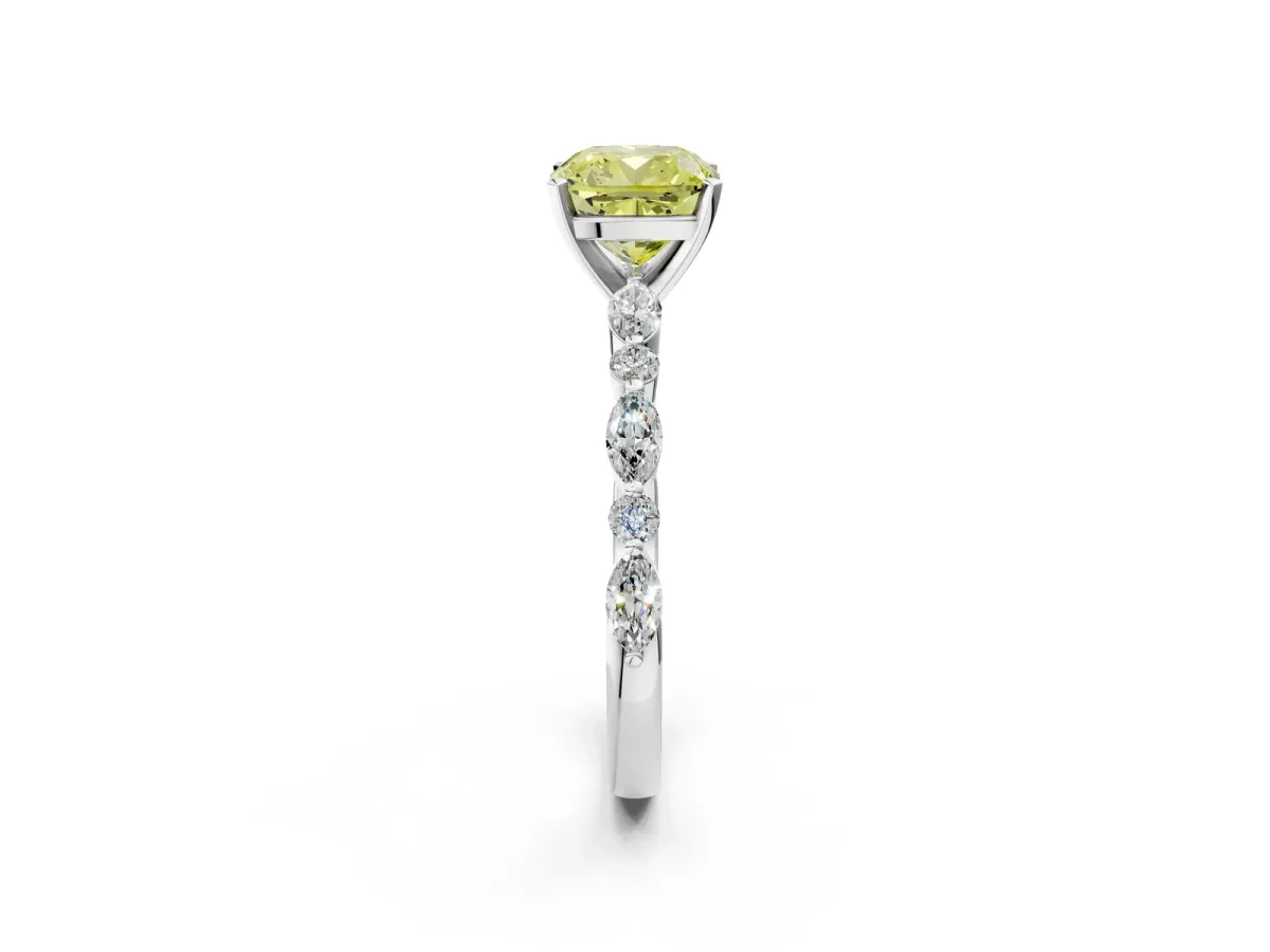 Fancy Yellow Cushion Cut Diamond Ring with Marquise and Round Side Stones and Four-Prong Setting Silver