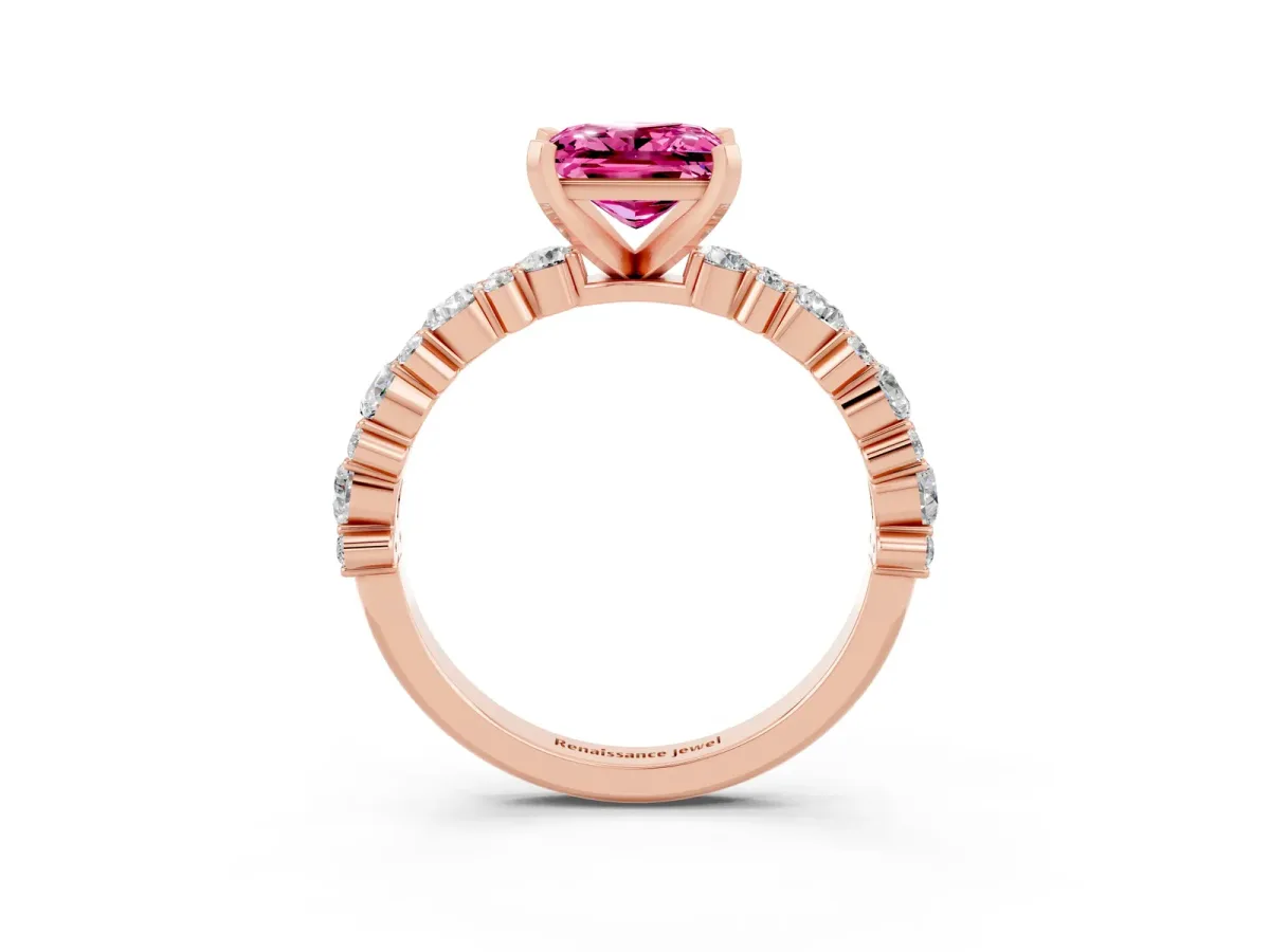 Princess Cut Pink Sapphire Side Stone Solitaire Ring with Round and Four-Prong Setting Rose gold