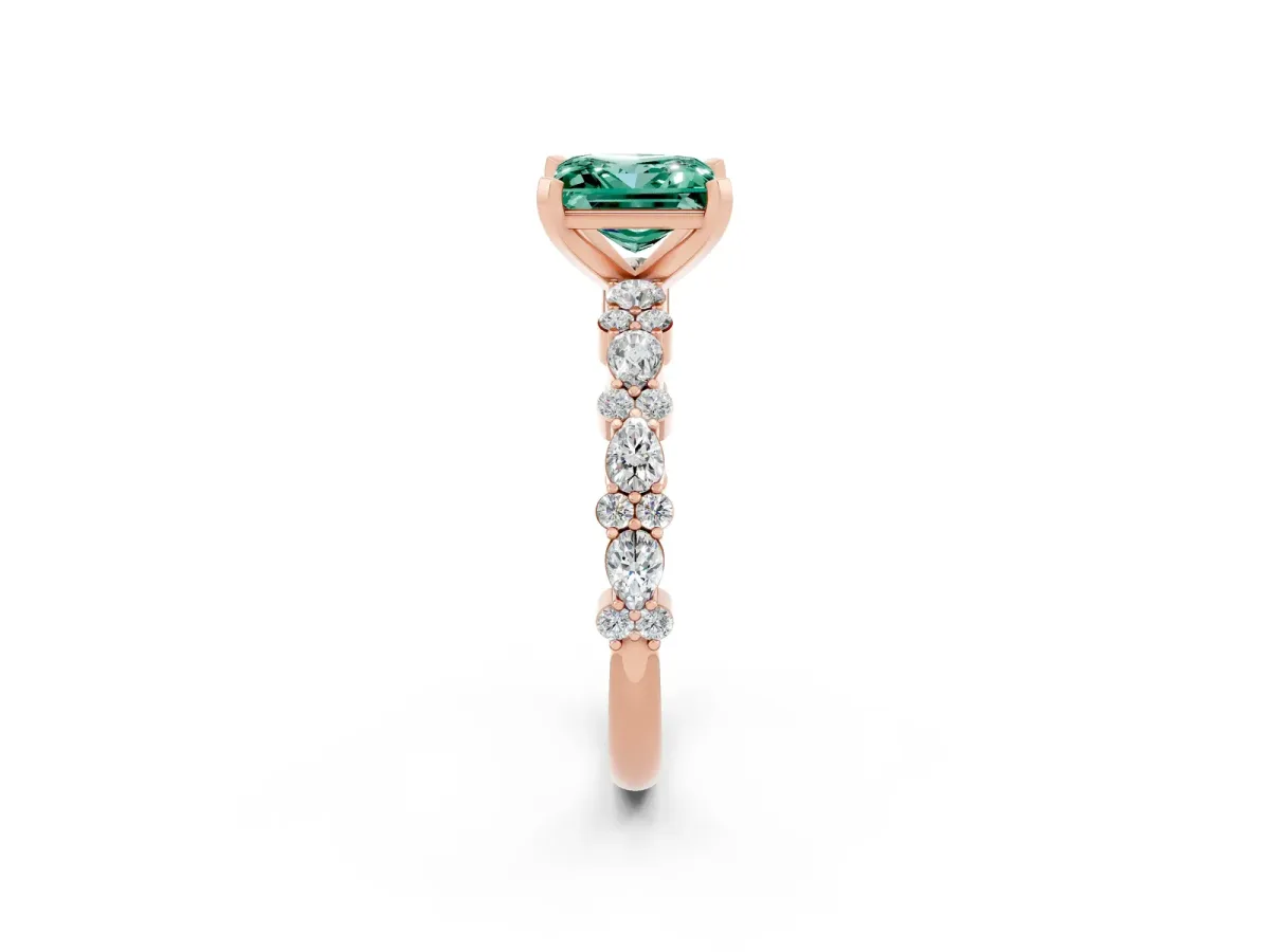 Princess Cut Green Sapphire Side Stone Solitaire Ring with Round and Four-Prong Setting Rose gold
