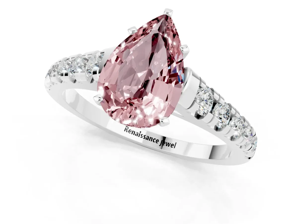 Pear Cut Morganite Cathedral Solitaire Ring with Round Pavé Band White gold