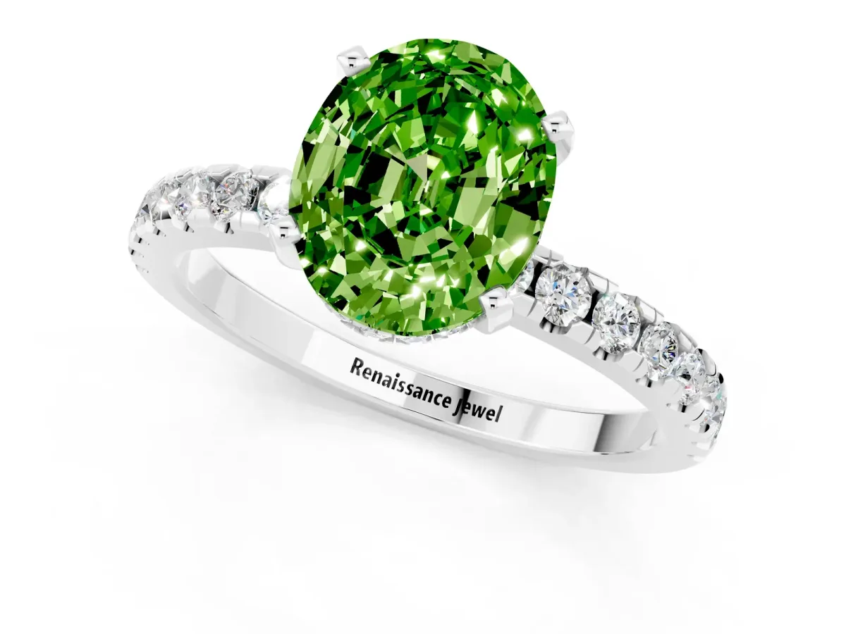 Oval Cut Peridot Solitaire Ring with Round Pavé Band and Four-Prong Setting Silver