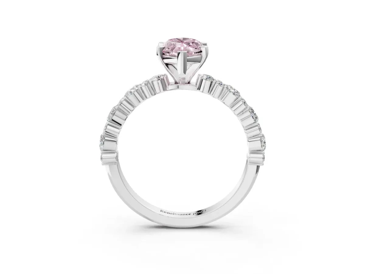Fancy Pink Marquise Cut Diamond Side Stone Solitaire Ring with Round and Four-Prong Setting White gold