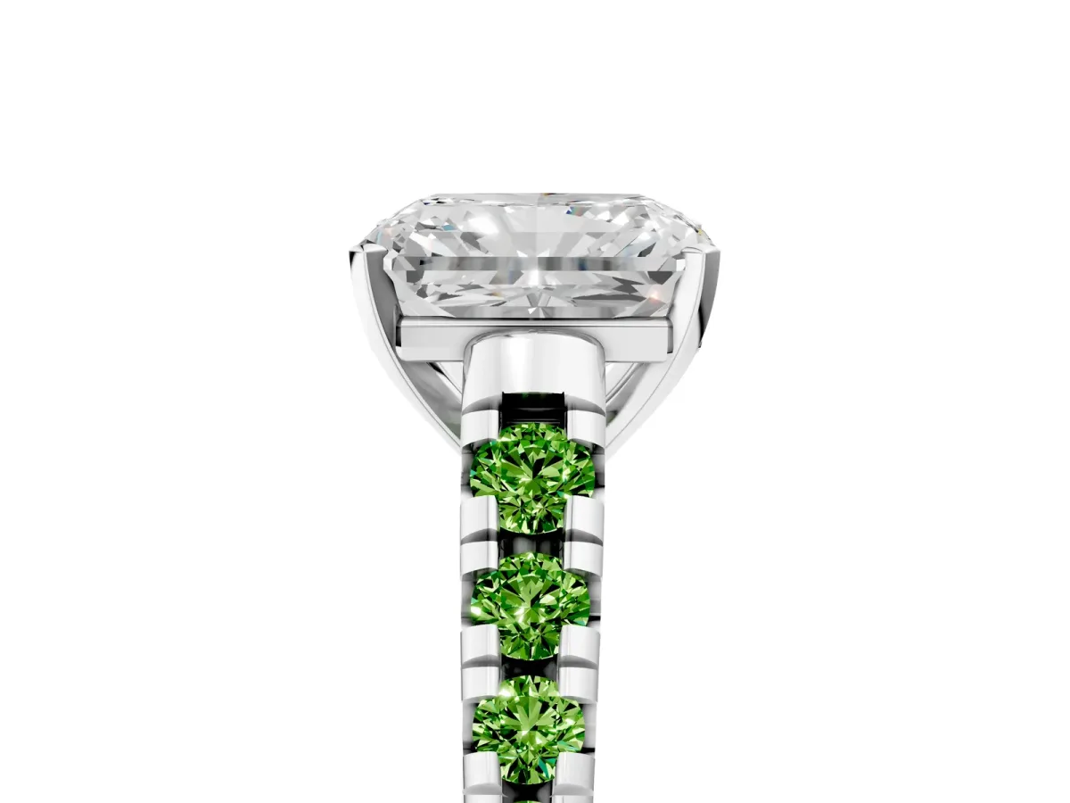 Radiant Cut Diamond Cathedral Solitaire Ring with Round Peridot Pavé Band Platinum
