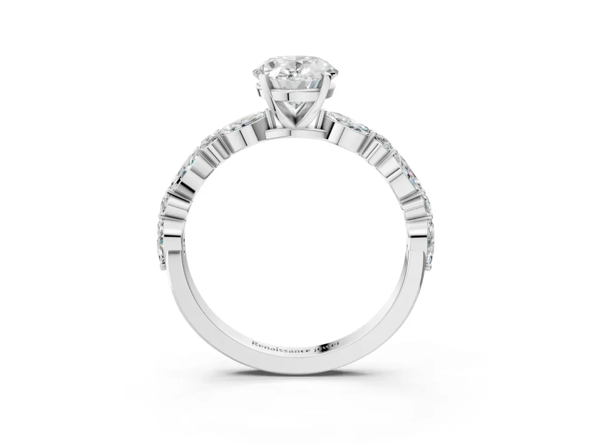 Oval Cut Diamond Ring with Marquise and Round Moissanite Side Stones and Four-Prong Setting Silver
