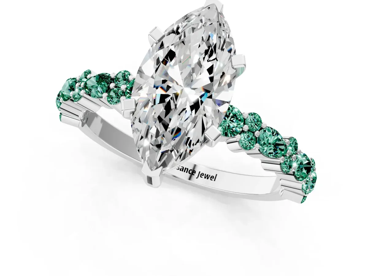 Marquise Cut Diamond Side Stone Solitaire Ring with Round Green Sapphire and Four-Prong Setting Platinum