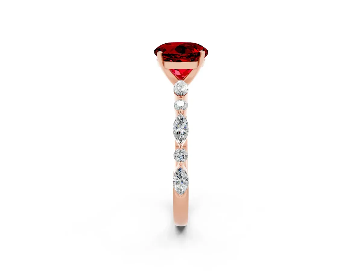 Round Cut Ruby Ring with Marquise and Round Side Stones and Four-Prong Setting Rose gold